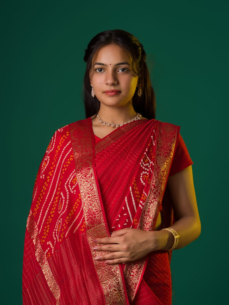 Women's Jaipuri Designer Gaji Silk Ghatchola Bandhani Saree   Red