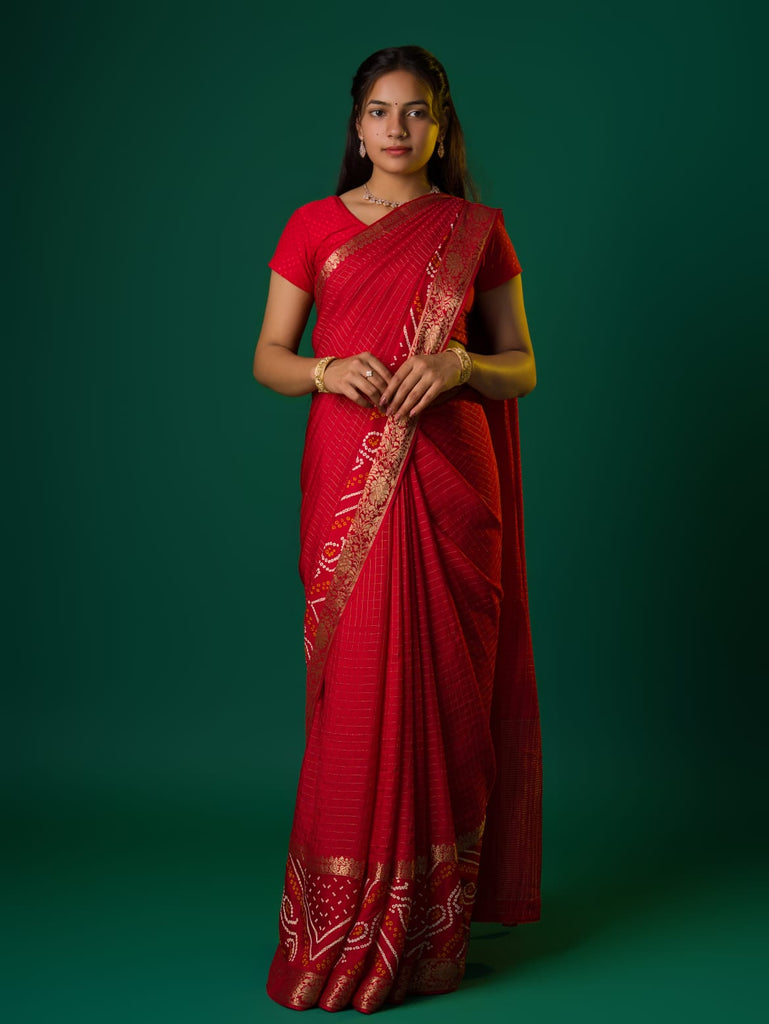 Women's Jaipuri Designer Gaji Silk Ghatchola Bandhani Saree   Red