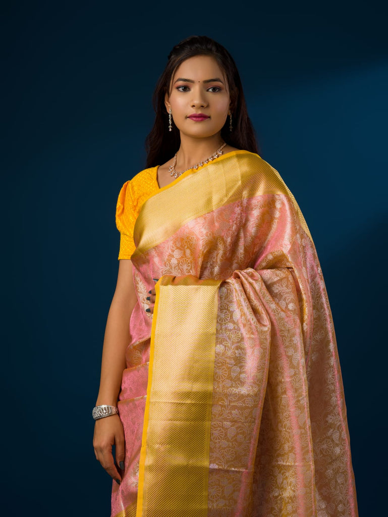 Women's Tissue Silk Banarasi Zari Flower weaving Saree KB