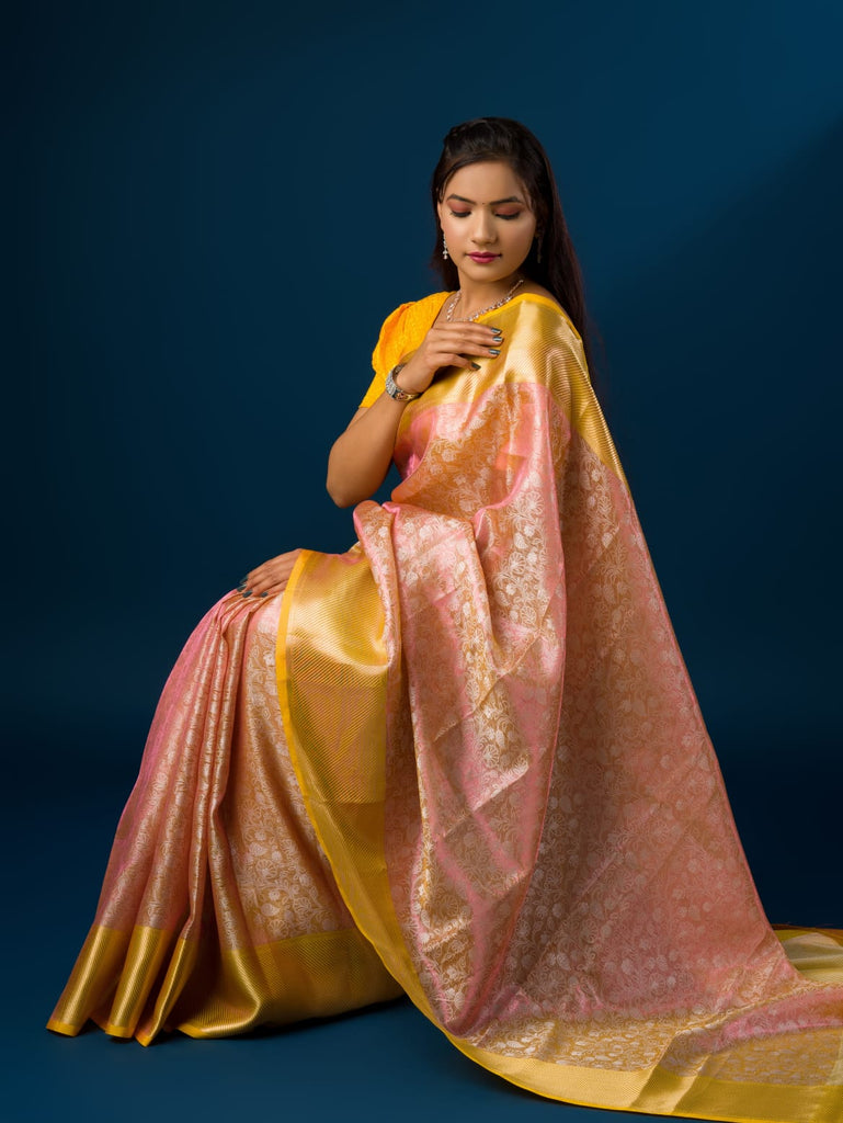 Women's Tissue Silk Banarasi Zari Flower weaving Saree KB