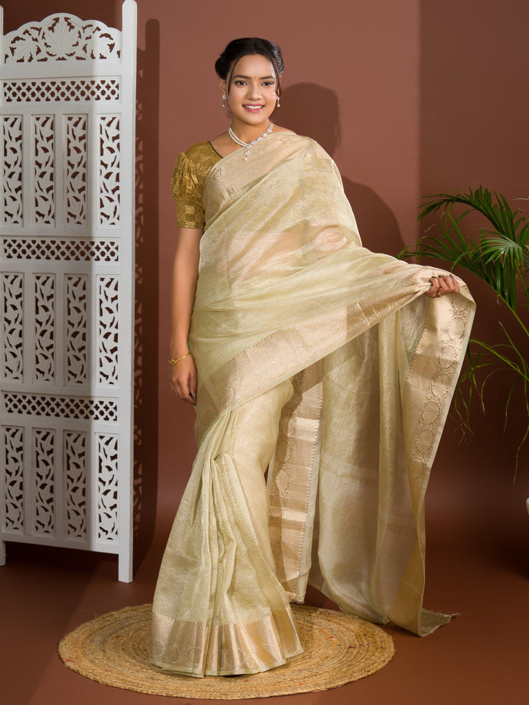 Women's Tissue Silk Banarasi Handloom Zari Border saree INA