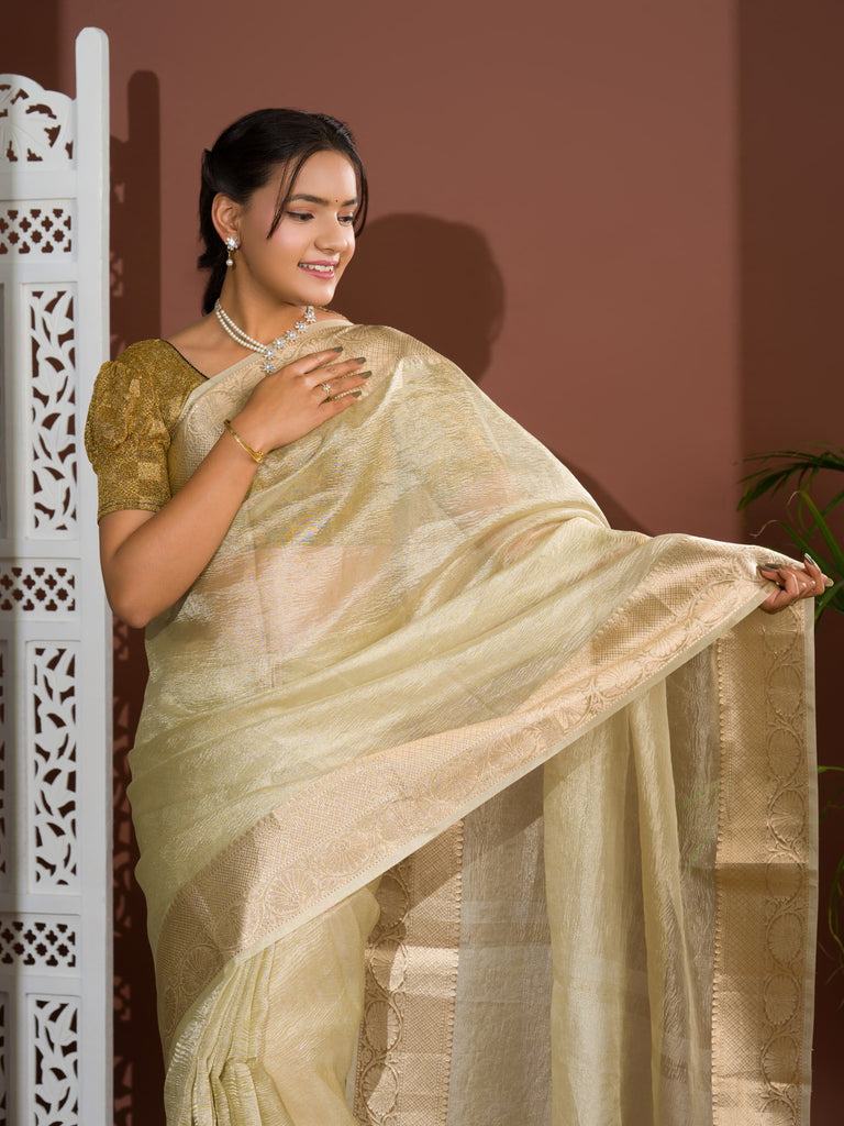 Women's Tissue Silk Banarasi Handloom Zari Border saree INA