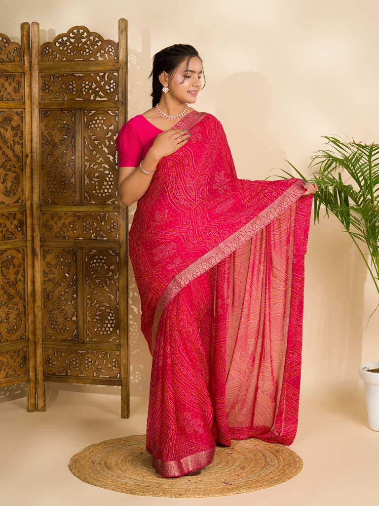 Women's Moss Chiffon Georgette Bandhani Sarees Rani