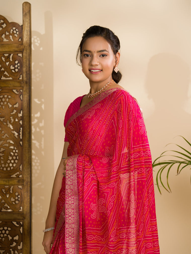 Women's Moss Chiffon Georgette Bandhani Sarees Rani