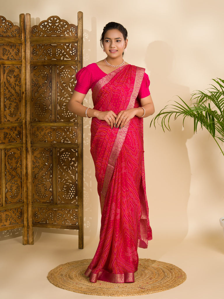 Women's Moss Chiffon Georgette Bandhani Sarees Rani