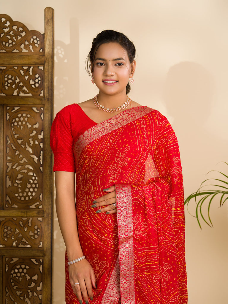 Women's Moss Chiffon Georgette Bandhani Sarees Red