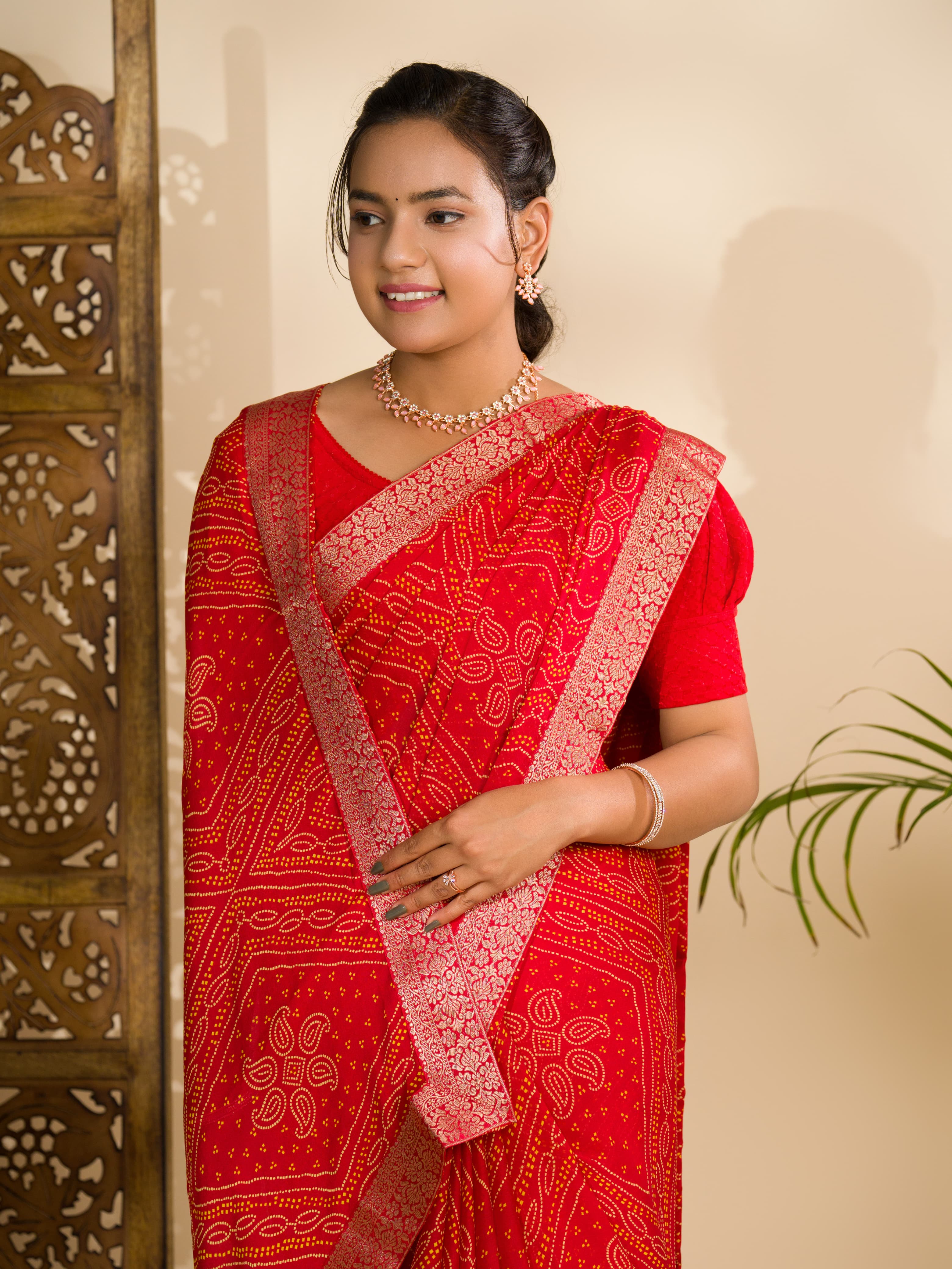 Women's Moss Chiffon Georgette Bandhani Sarees Red