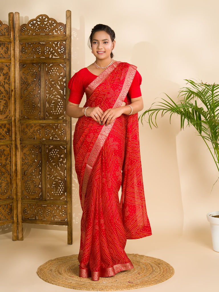 Women's Moss Chiffon Georgette Bandhani Sarees Red