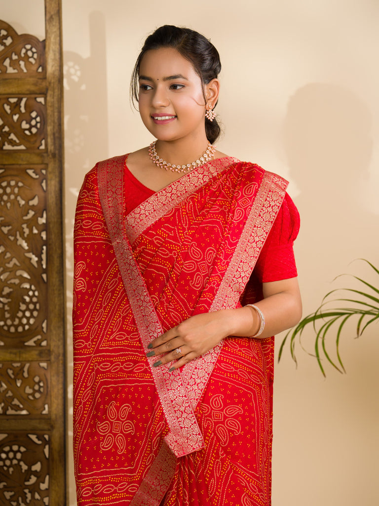 Women's Moss Chiffon Georgette Bandhani Sarees Red