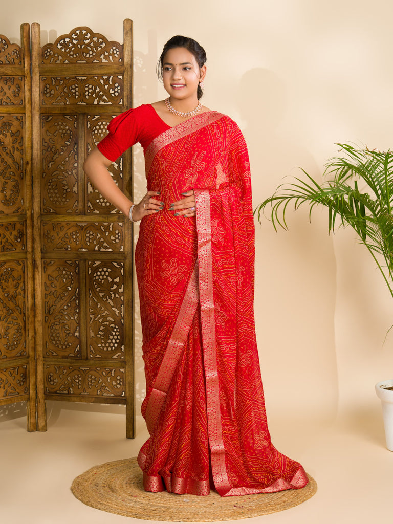 Women's Moss Chiffon Georgette Bandhani Sarees Red