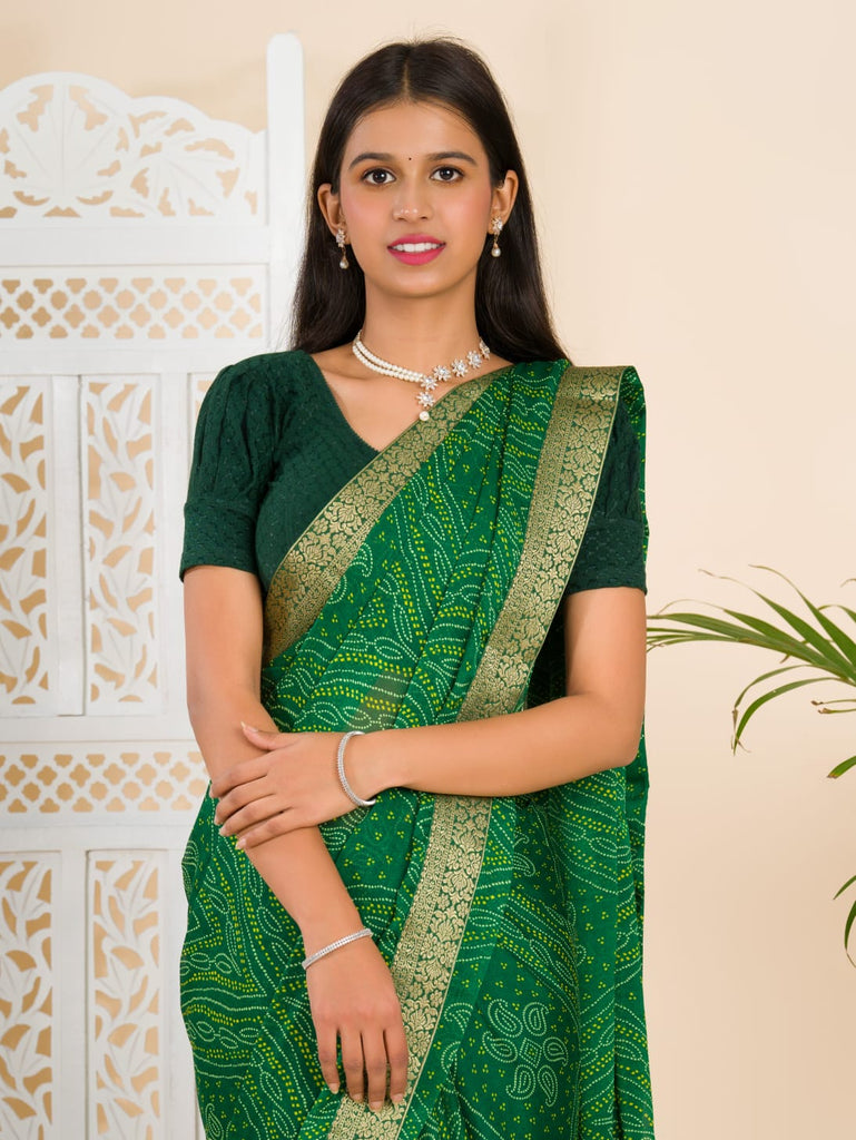 Women's Moss Chiffon Georgette Bandhani Sarees  Green
