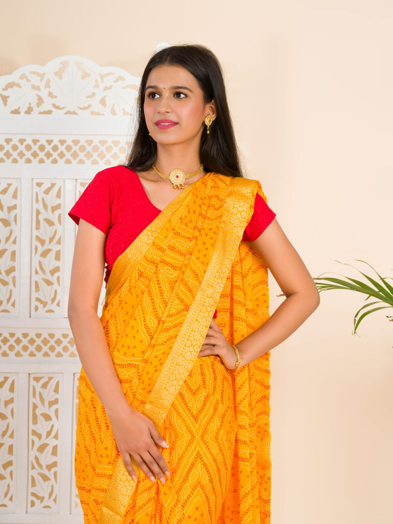 Women's Moss Chiffon Georgette Bandhani Sarees Yellow