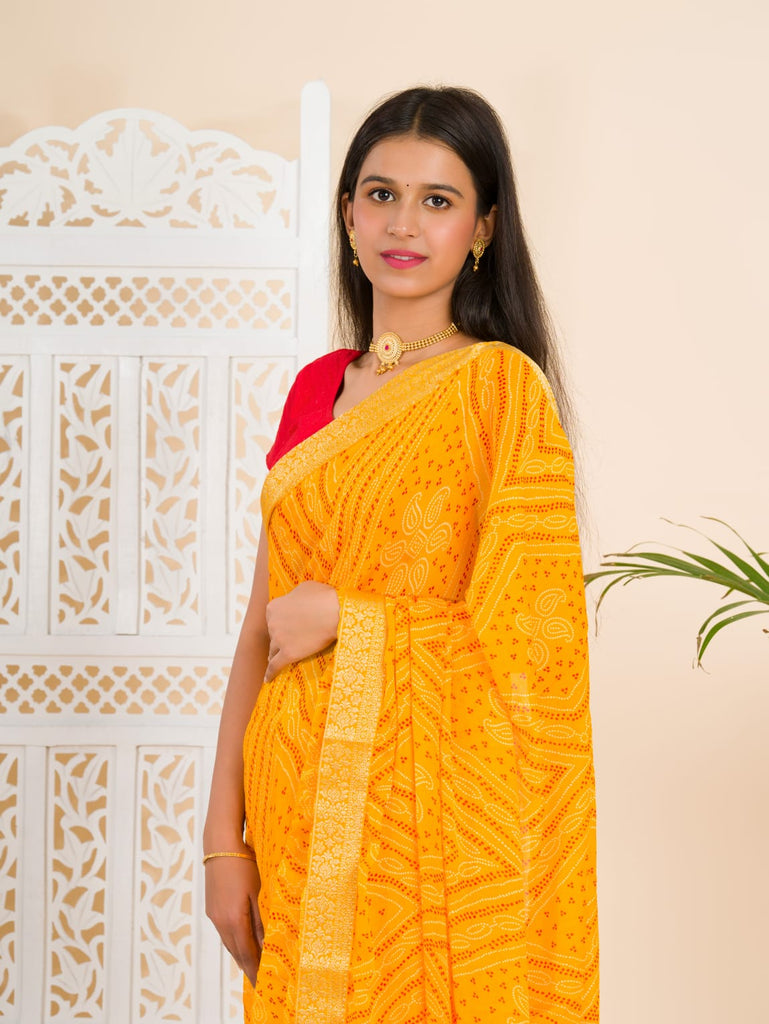 Women's Moss Chiffon Georgette Bandhani Sarees Yellow