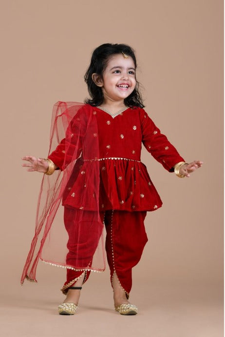 Girl's Red Full Sleeves Velvet Kurta And Dupatta With Solid Dhoti  - Titrit