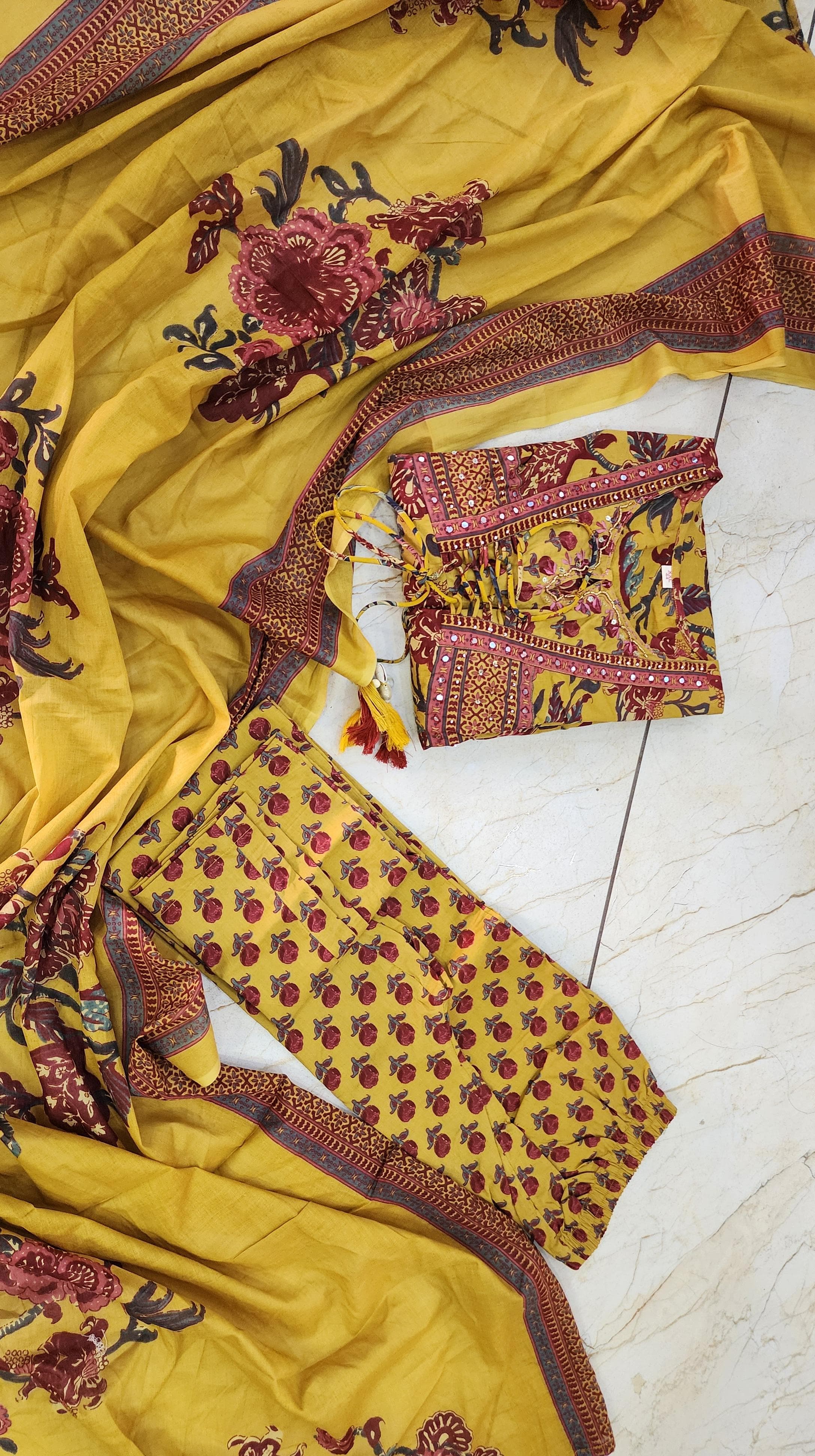 Women's Mustard Maroon Floral Anarkali Kurta Set With Dupatta