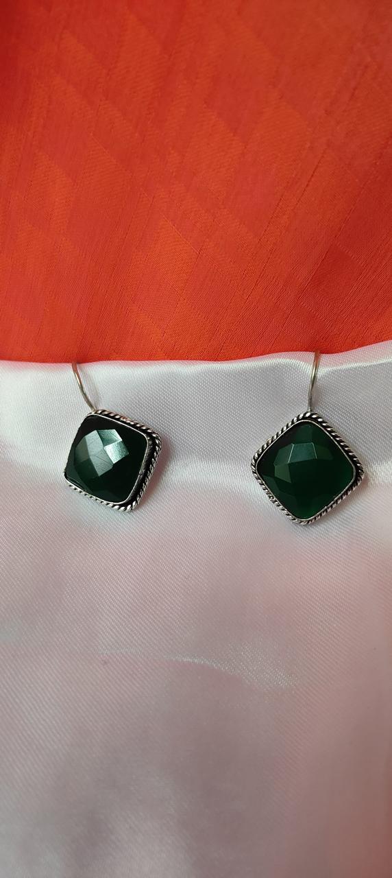 Green chunky stone work earrings for women
