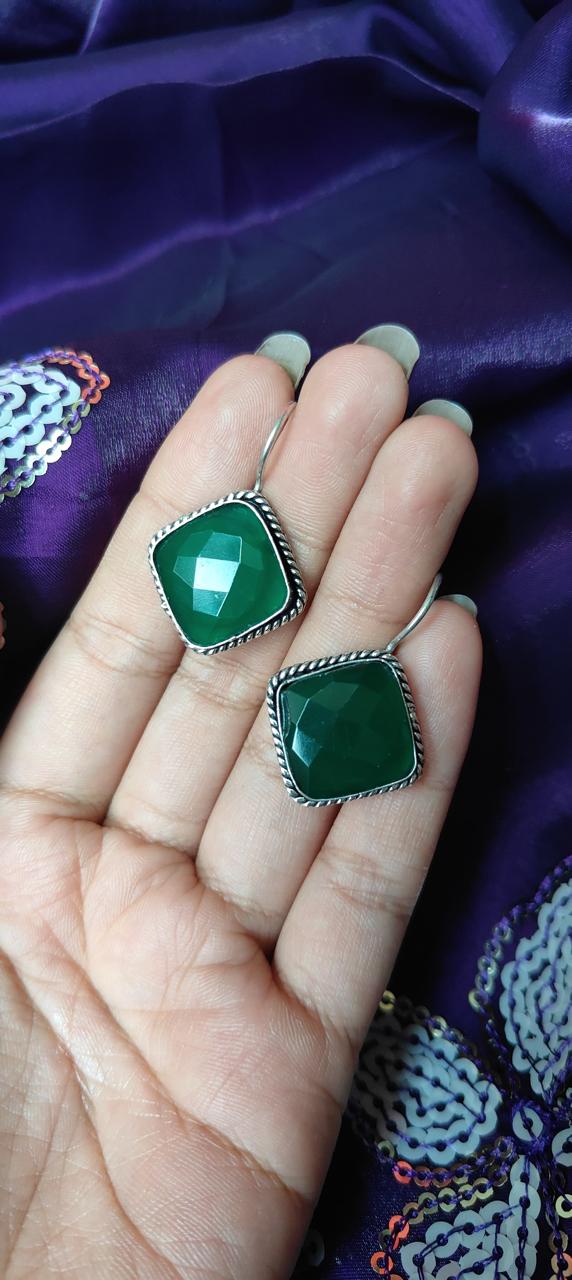 Green chunky stone work earrings for women