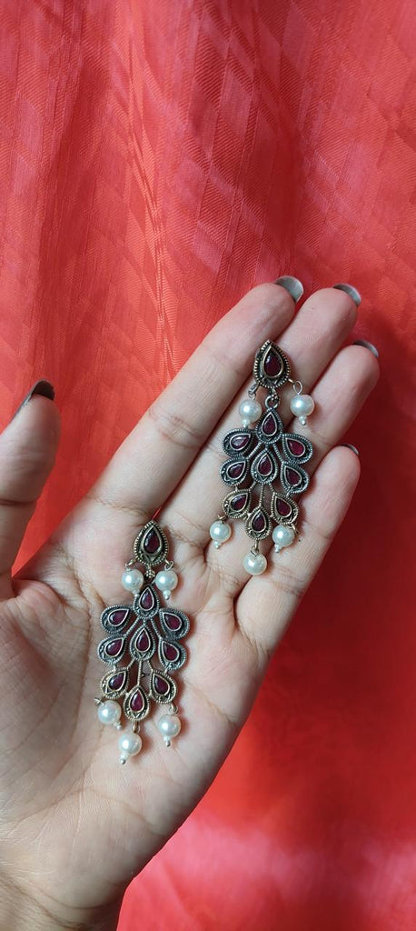 Dual tone red stone work earring with pearl drop for women