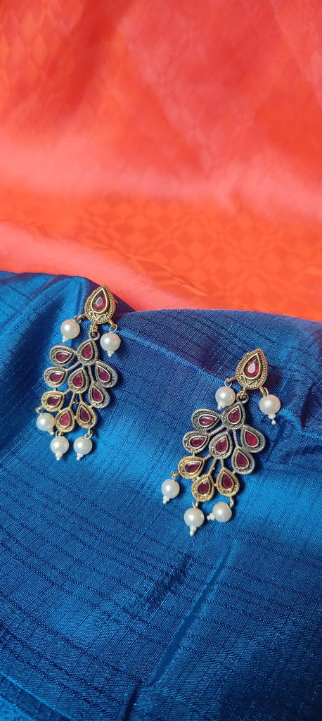 Dual tone red stone work earring with pearl drop for women