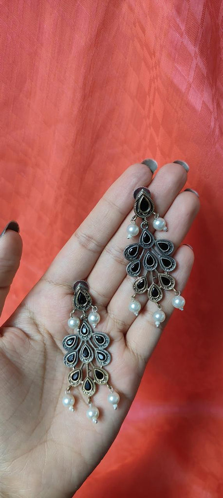 Dual tone black stone work feather earrings for women