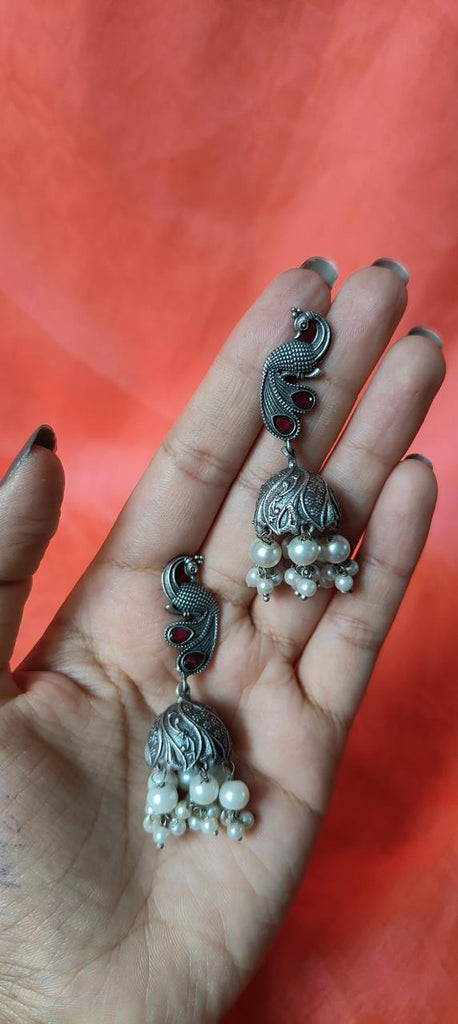 Peacock red stone work jhumka earrings for women