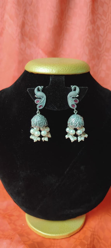 Peacock red stone work jhumka earrings for women