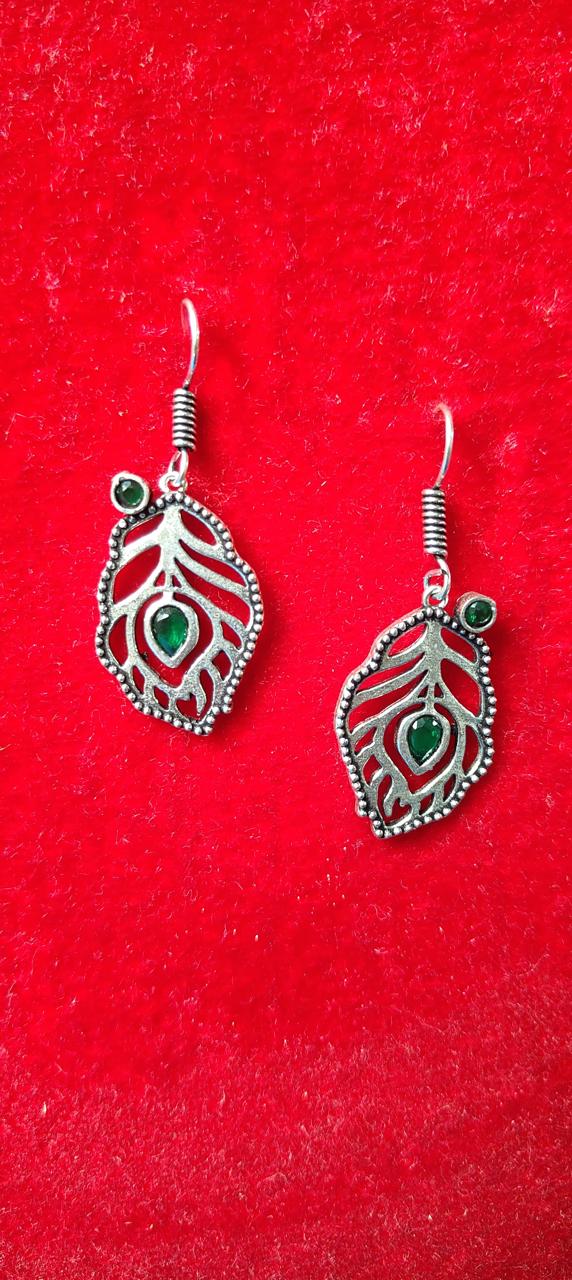 Oxidized feather earrings in green stonework for women