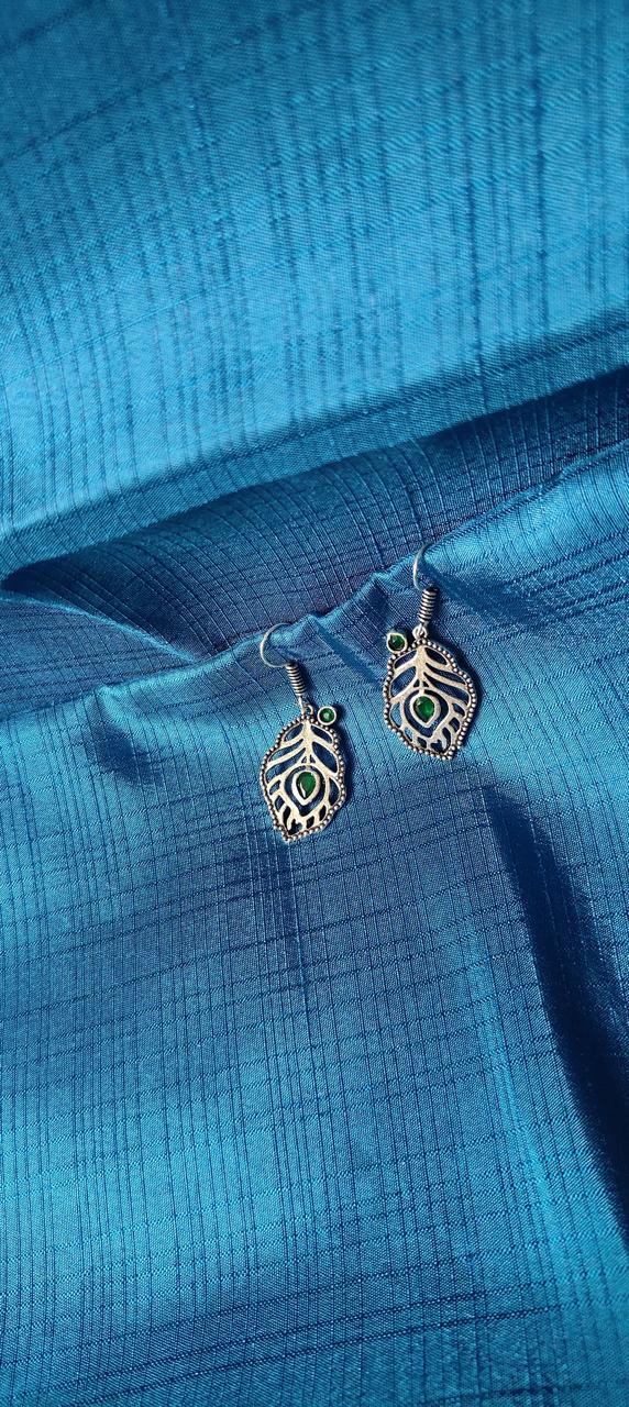 Oxidized feather earrings in green stonework for women