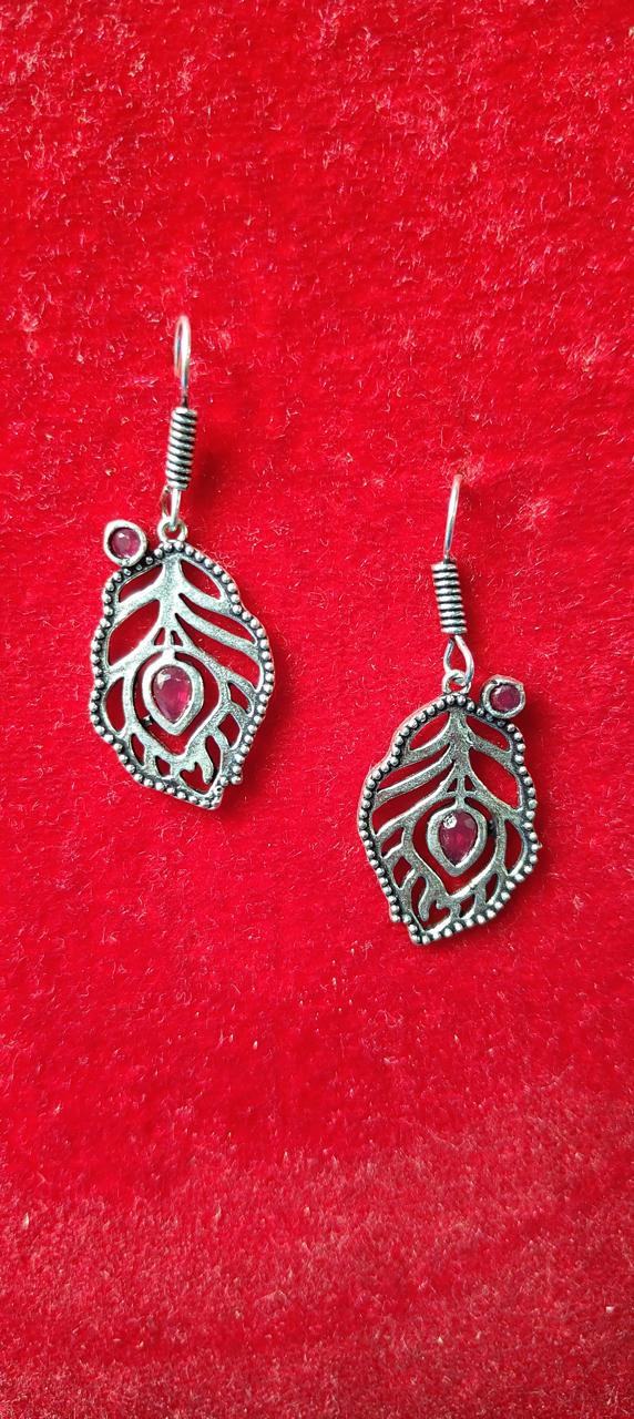 Oxidized feather earrings in red stone work for women
