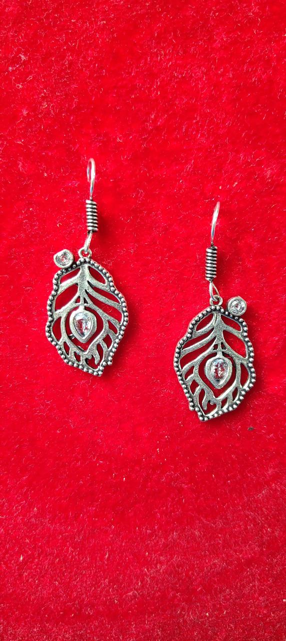Silver oxidized feather earrings for women