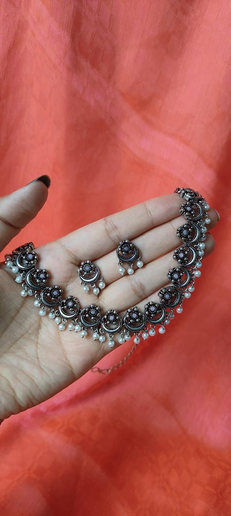 Baby pink stone work oxidized jewelry set for women