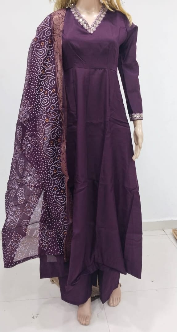 Women's Wine Silk(Pv Chanderi) Embroidery Worked V Shape Kurta Set