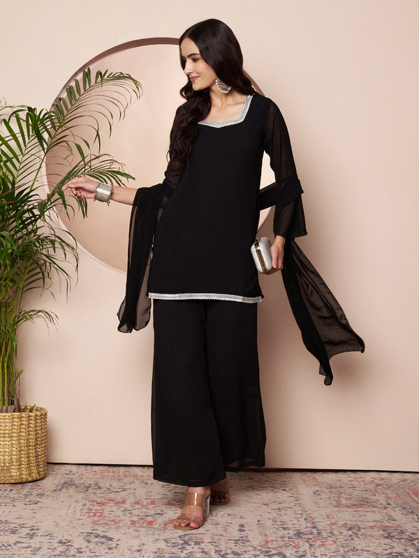 Women's Black Georgette Embellished Kurta with Flared Palazzo Set