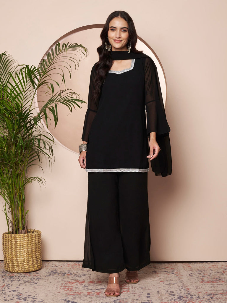 Women's Black Embellished Kurta with Flared Palazzo Set