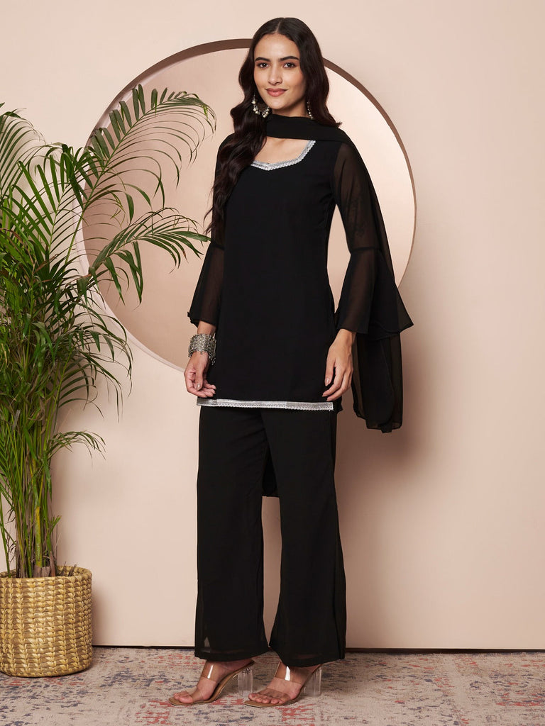 Women's Black Embellished Kurta with Flared Palazzo Set