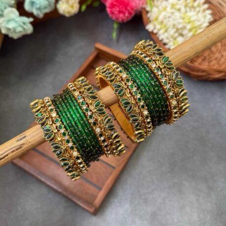 Women's Emerald Green and Gold Kundan Bangle Set