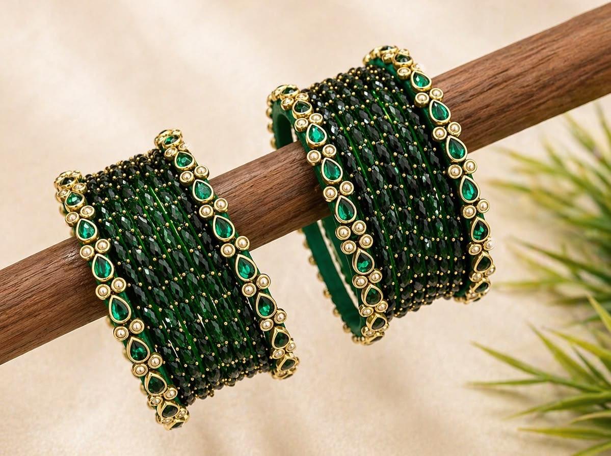 Women's Emerald Green Kundan Bangle Set