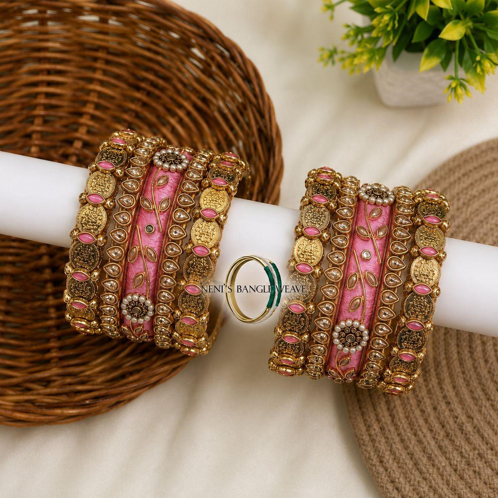 Women's Pink and Gold Bridal Bangle Set With Ring