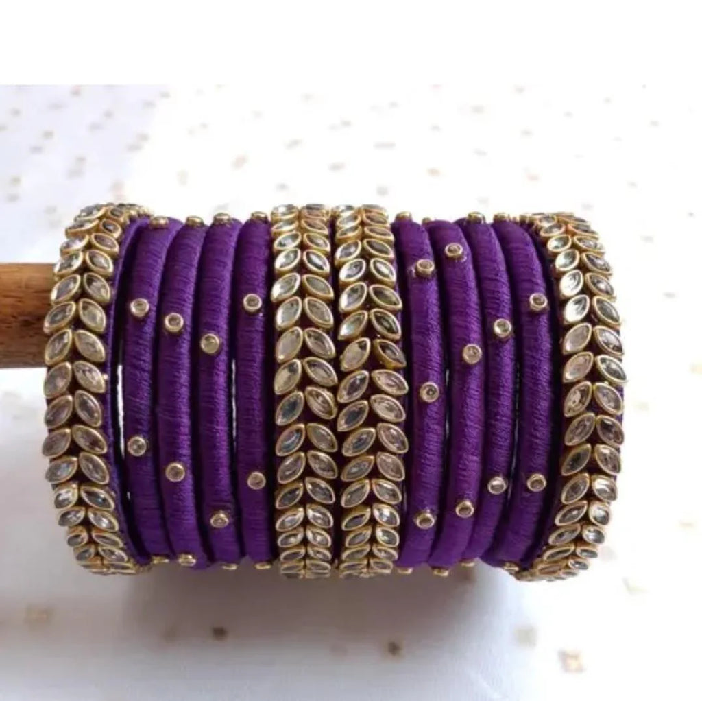 Women's Purple Silk Thread Kundan Bangle Set