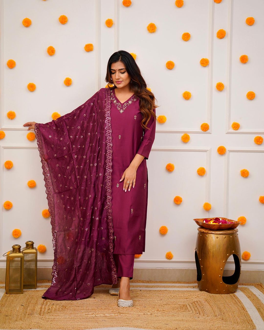 Women's V Neck Embroidered Work Viscose Rayon Fabric Kurta & Pant With Dupatta Set - Taantav