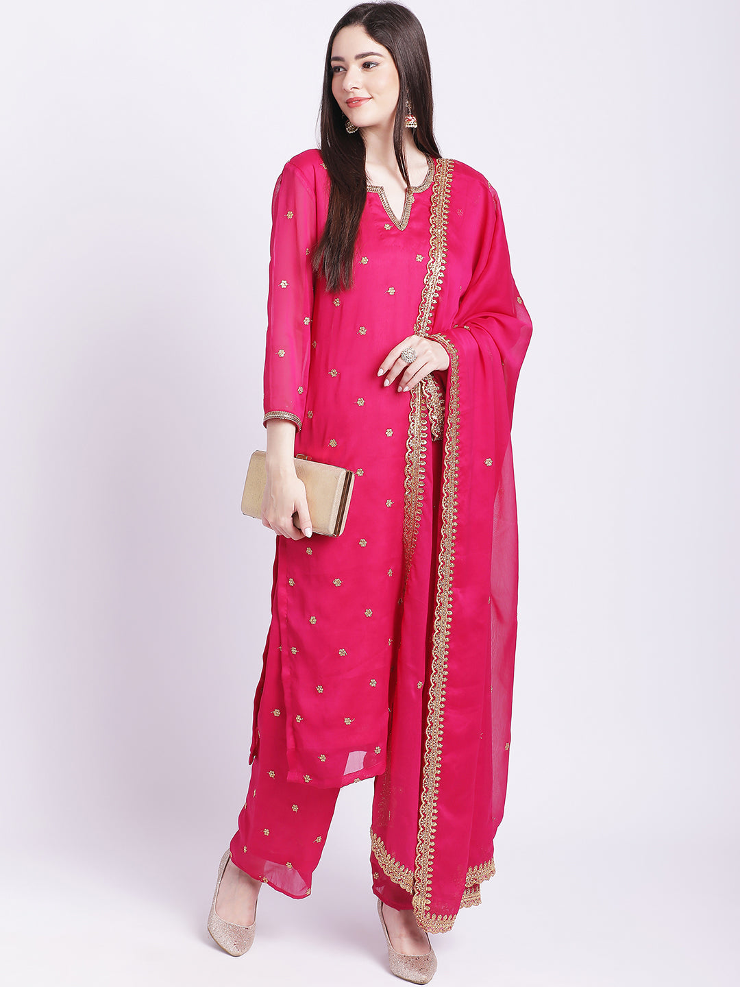 Women's Glam Pink Embroidered Kurti With Straight Palazzo And Embroidered Dupatta - Anokherang
