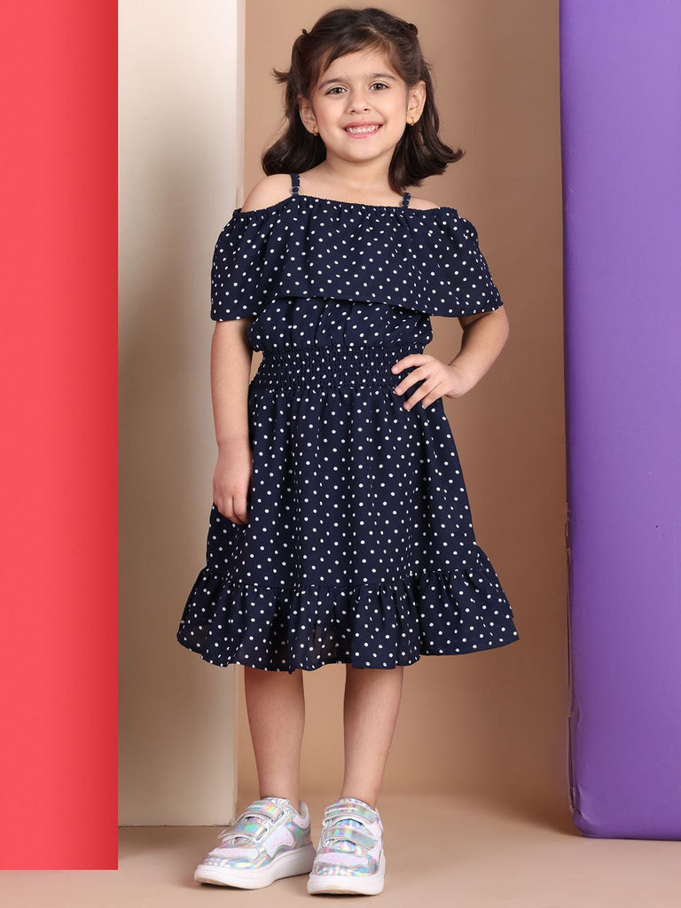 Girl's Navy Blue Polyester Printed Dress