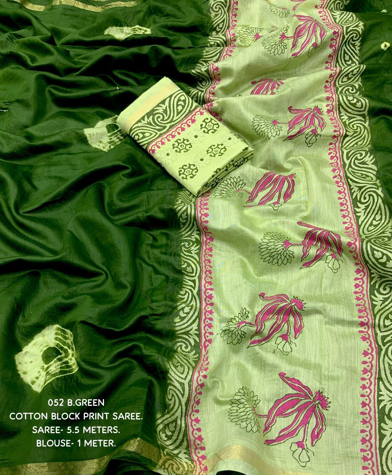 Women's Green Pure Cotton Hand Printed Saree With Blouse - A2M