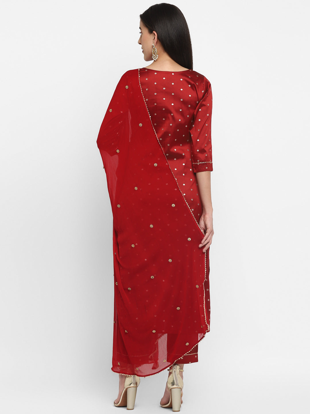 Women's Maroon Color Polyster blend Self Design Kurta Pant With Dupatta  - Final Clearance Sale