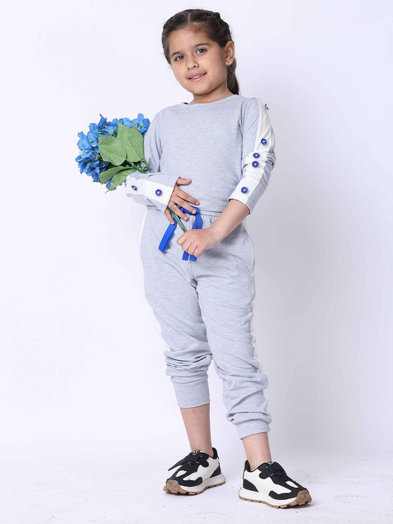 Girl's Grey Melange Pure Cotton Colorblocked Co-Ord Set