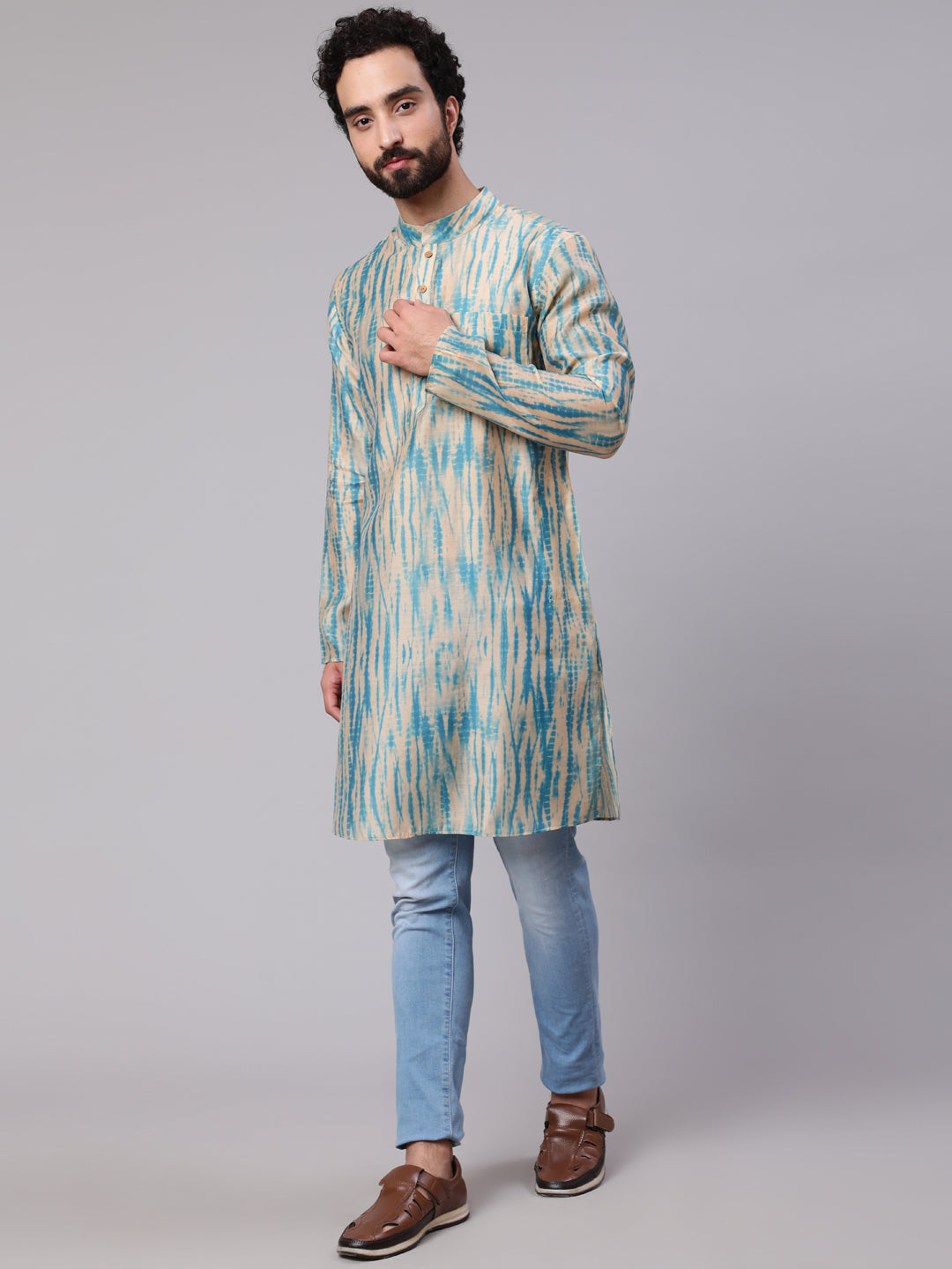 Men's Cream & Blue Shibori Print Kurta