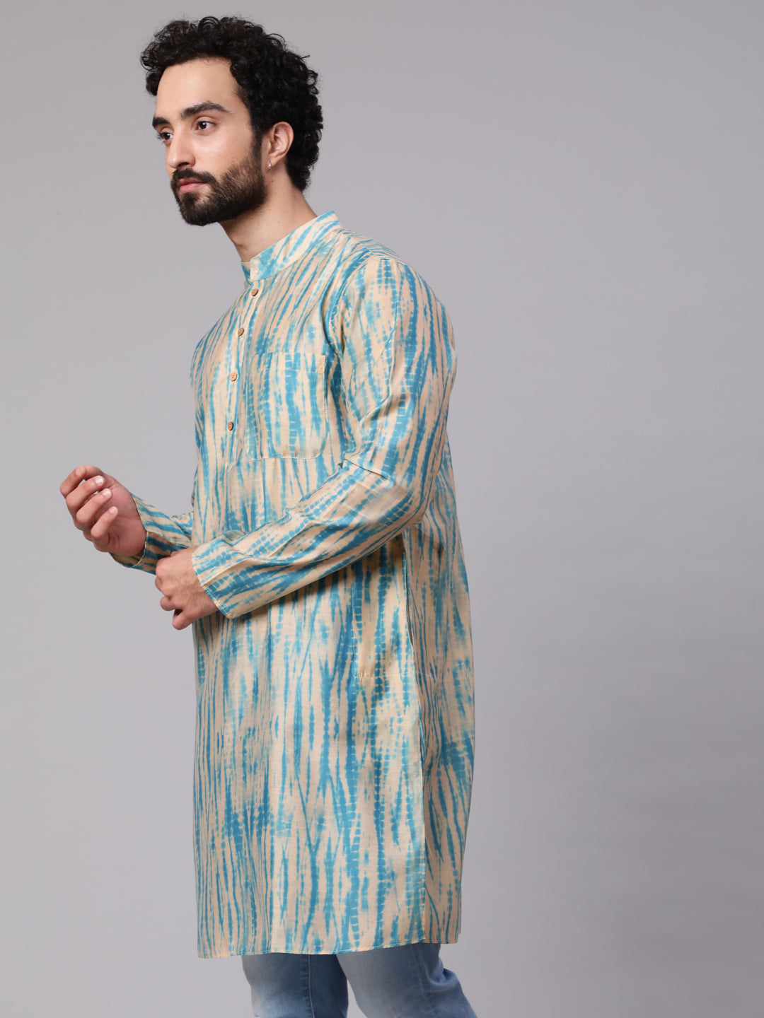 Men's Cream & Blue Shibori Print Kurta