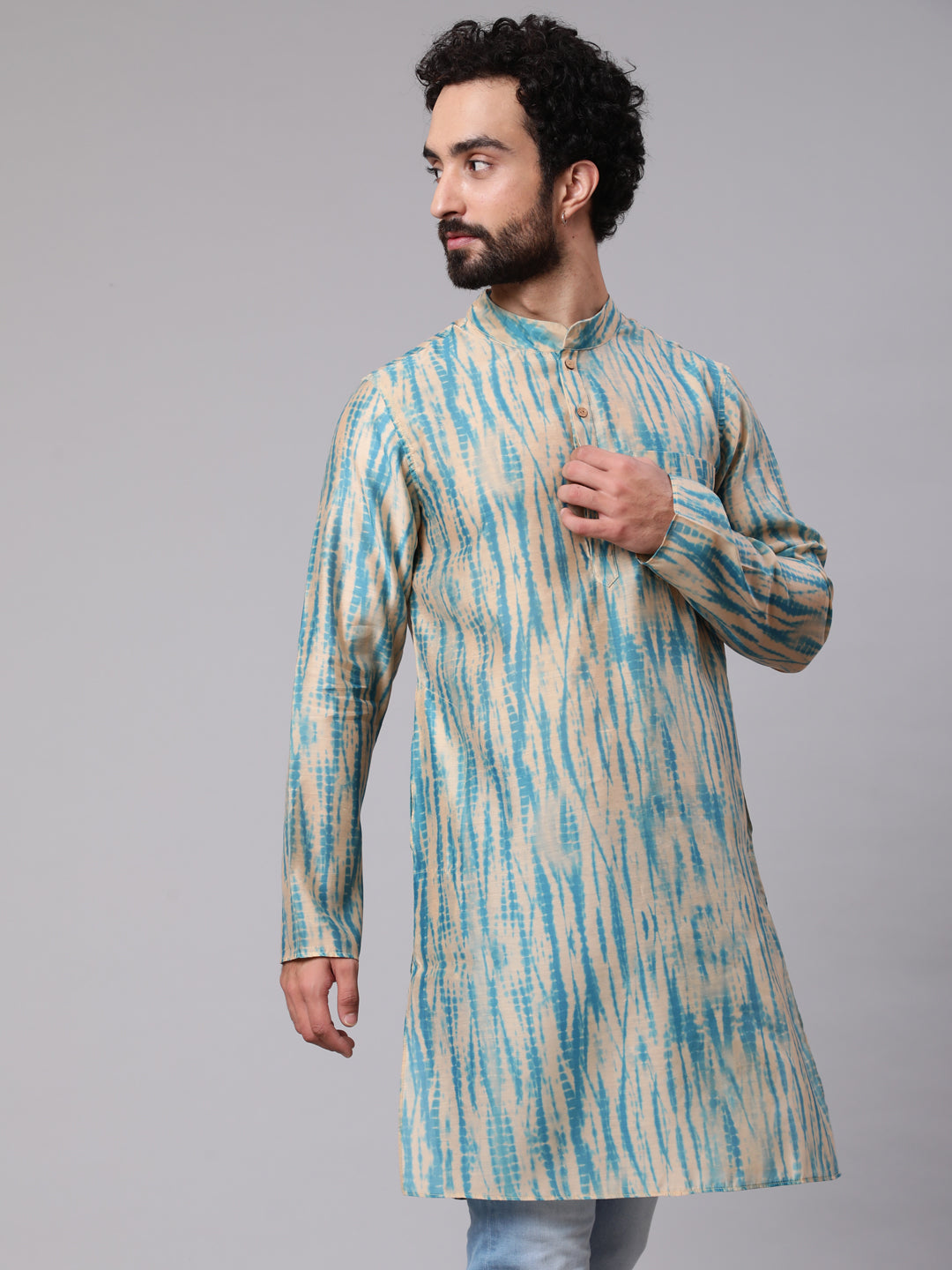 Men's Cream & Blue Shibori Print Kurta