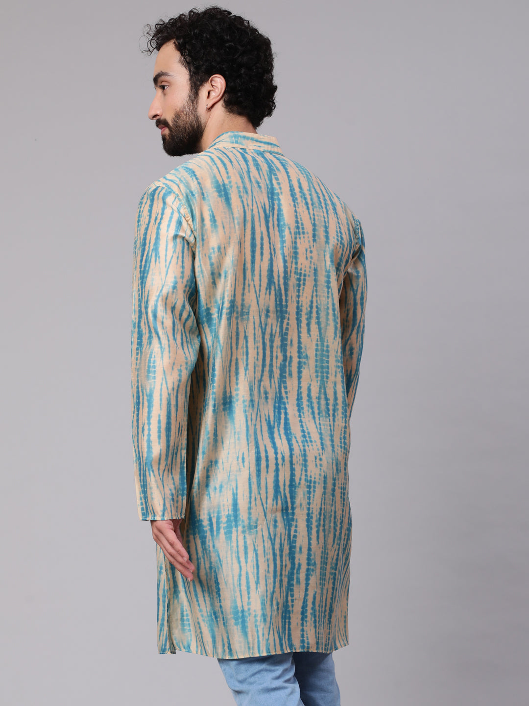 Men's Cream & Blue Shibori Print Kurta