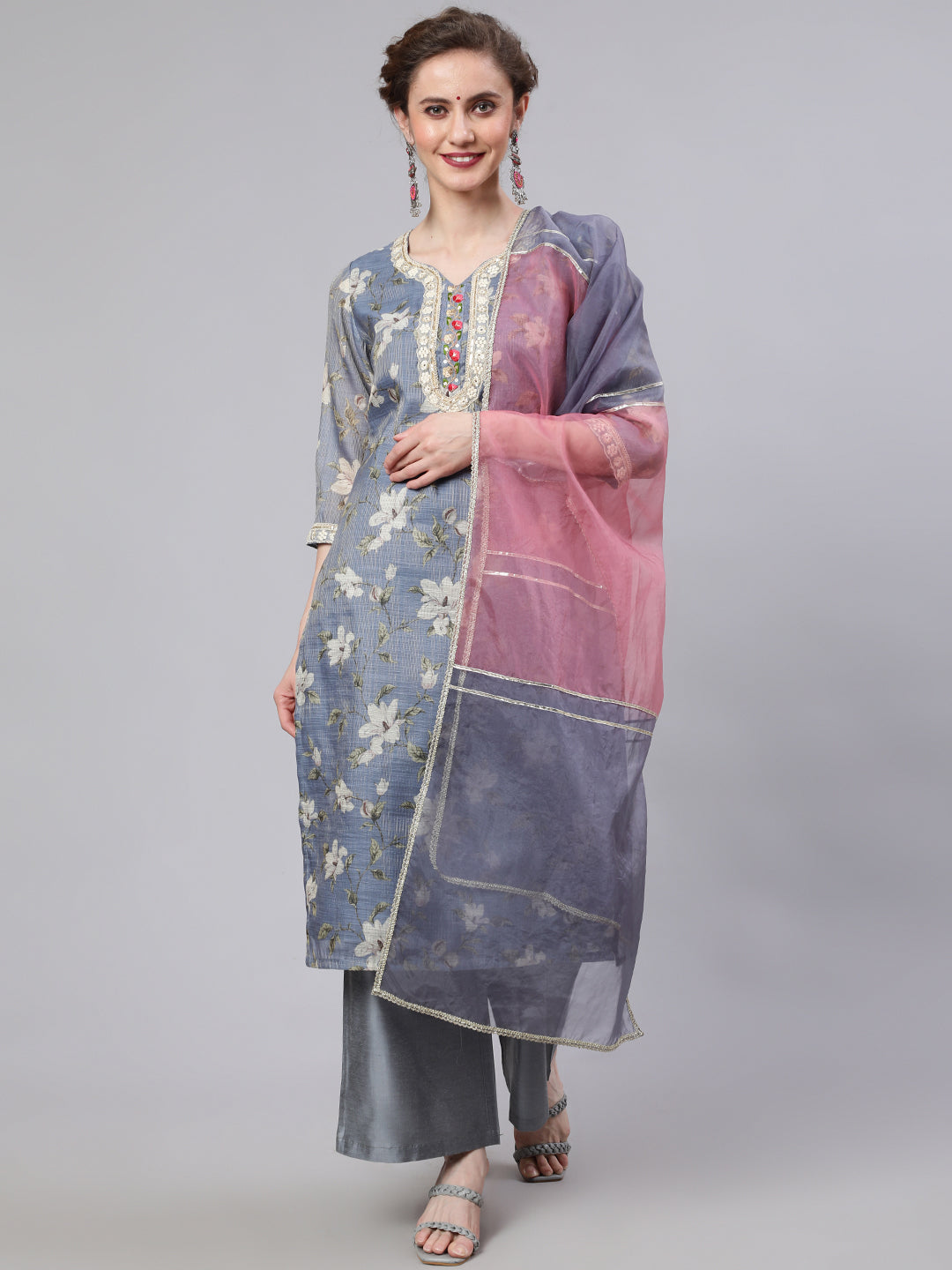 Women's Grey Floral Print Kurta Palazzo With Dupatta